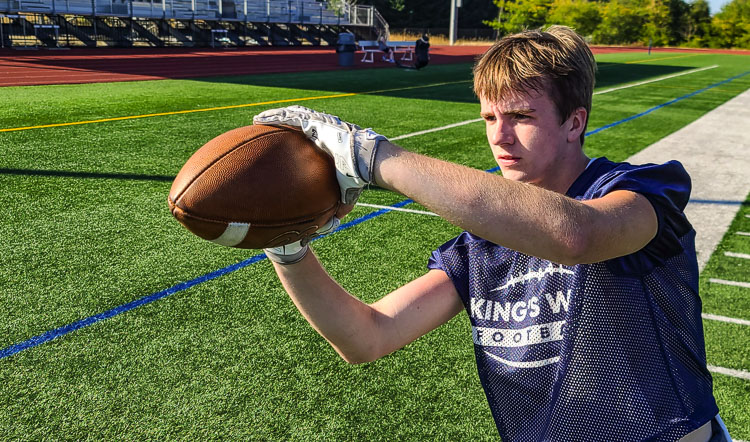 Aidan Sweeney is a tight end and linebacker for King’s Way Christian. A junior, he is one of the leaders for a program that is restarting. Photo by Paul Valencia