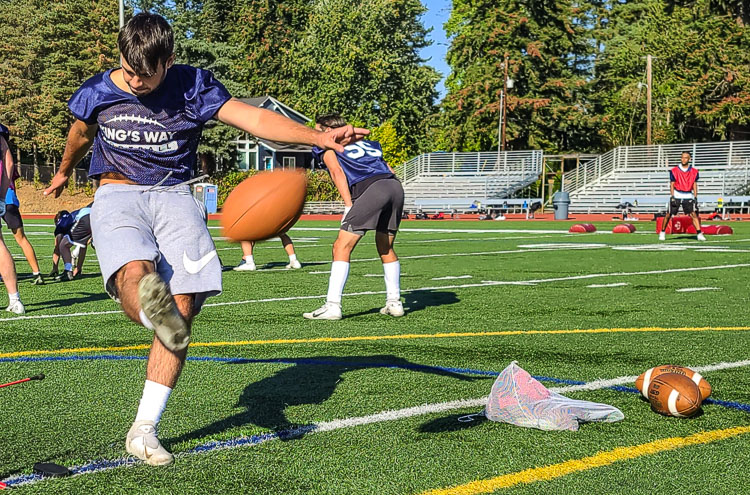 Bradley Araujo, the kicker for King’s Way Christian football, said he had to come back and play one last season on his home field when the school opted to bring football back this season. Photo by Paul Valencia