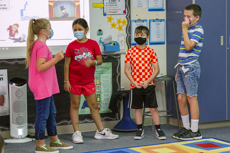 Third graders in Stacia Aschoff's Leadership Class at North Fork Elementary School take part in "courage charades," an activity from the district's new Social Emotional Learning curriculum. Photo courtesy of Woodland School District