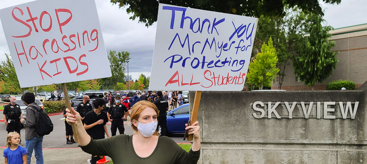 In addition to the protestors, a handful of counter protestors also showed to express support for the school district and the injunction. Photo by Paul Valencia