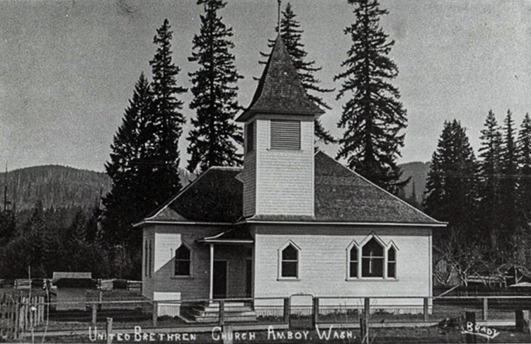 The United Brethren Church was built in 1910 by Emanuel Jensen, a carpenter from View, Washington. Pastor Dora Young walked from View to Amboy to start a Sunday School and decided the town needed a church. She contacted Emanuel and the rest is history. Photo courtesy of North Clark Historical Museum