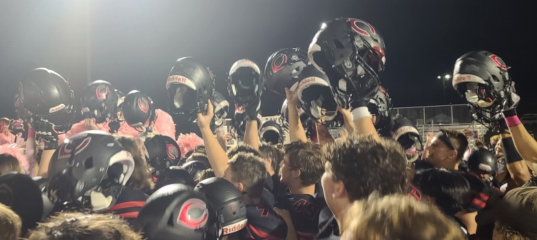The Camas Papermakers celebrate their 17-7 win over Skyview on Friday night. The Papermakers are in position to win the 4A GSHL title outright next week. Photo by Paul Valencia