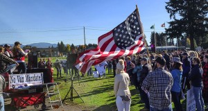 Hundreds of people took part in a no vaccination mandate rally at Faith Center Church on Saturday before lining up at intersections along Highway 503. Photo by Paul Valencia