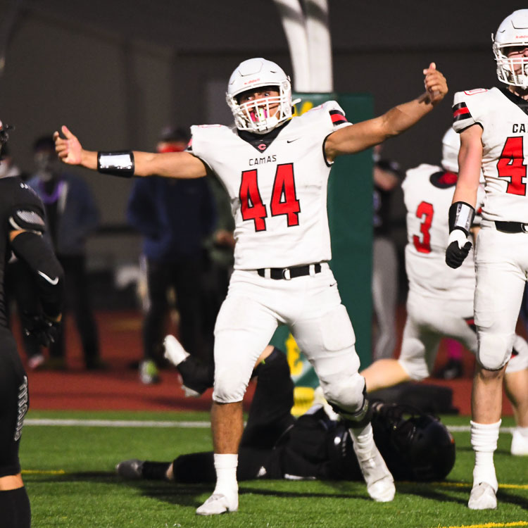 Camas’ Jairus Phillips celebrates after sacking the Union quarterback in the end zone for a safety on Friday night. Camas beat Union 17-7. Photo courtesy Kris Cavin