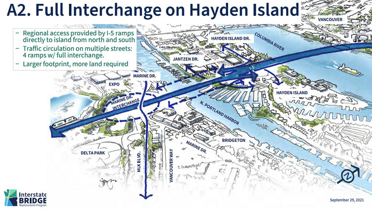 The Hayden Island community was presented three main options regarding I-5 interchanges by the Interstate Bridge Replacement Program team. This shows the “full interchange” option with four separate on and off ramps. Graphic courtesy IBRP