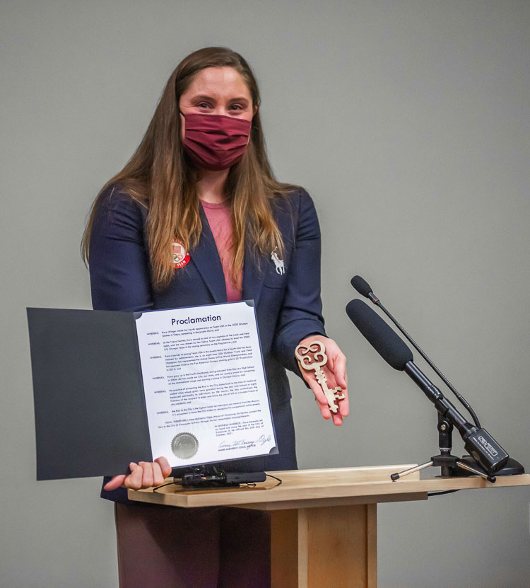 Olympian Kara Winger is shown here with the proclamation and Key to the City. Photo courtesy city of Vancouver