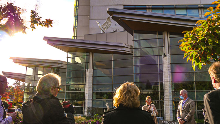 PeaceHealth hosted a ceremonial unveiling of a 10-foot tall, 350-pound statue of a dove – PeaceHealth’s organizational symbol. Photo courtesy of PeaceHealth