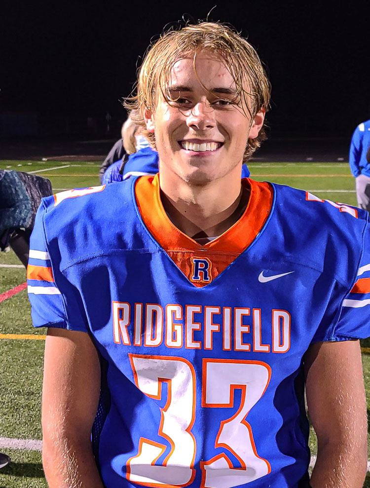 Davis Pankow was one of two Ridgefield running backs to crack the 100-yard mark Thursday. Pankow rushed for 135 yards and three touchdowns. Connor Delamarter had 113 yards and a score. Photo by Paul Valencia