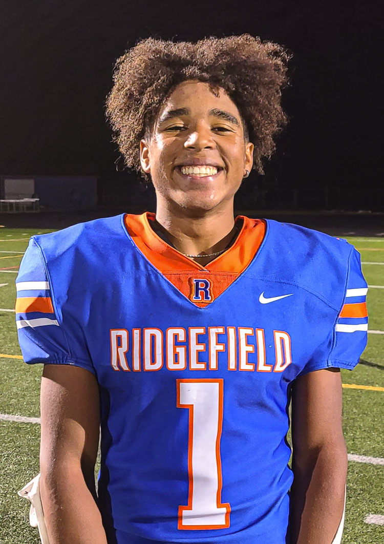 Isaiah Cowley did a little bit of everything Thursday night for the Ridgefield Spudders: Two interceptions on defense, 113 yards receiving, and a rushing touchdown. Photo by Paul Valencia