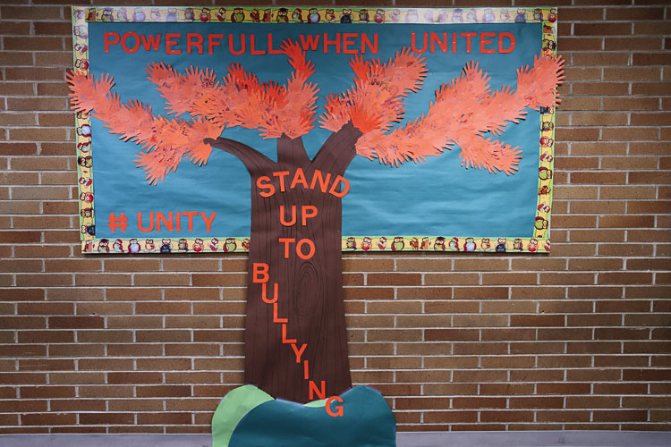 The Unity Tree at South Ridge Elementary School displays orange paper handprint “leaves." Photo courtesy Ridgefield School District