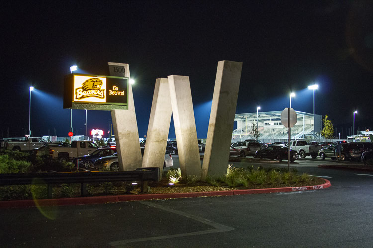 Woodland High School at night. Photo courtesy Woodland School District