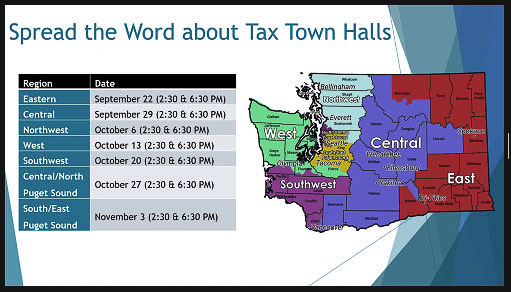 Fourteen regional tax town hall events were scheduled, with four remaining. The purpose is to see if citizens want to change their tax structure in a revenue neutral manner, and if so, what are their preferences. Graphic courtesy Tax Structure Work Group