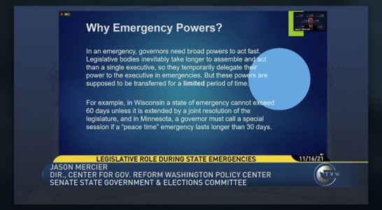 Jason Mercier of the Washington Policy Center believes today’s work session is the first time that the Senate State Government & Elections Committee has reviewed emergency powers this year.