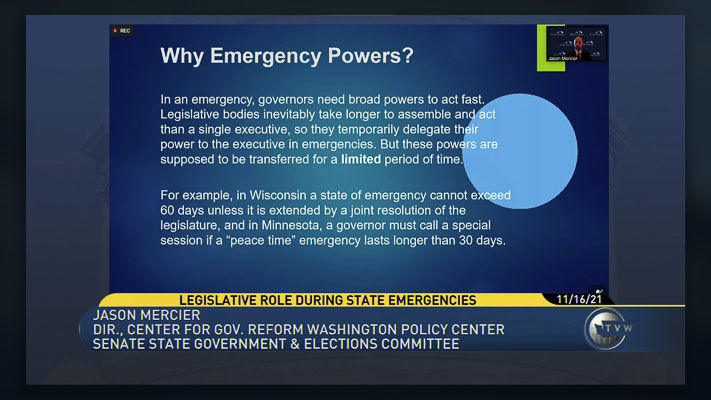 Jason Mercier of the Washington Policy Center believes today’s work session is the first time that the Senate State Government & Elections Committee has reviewed emergency powers this year.