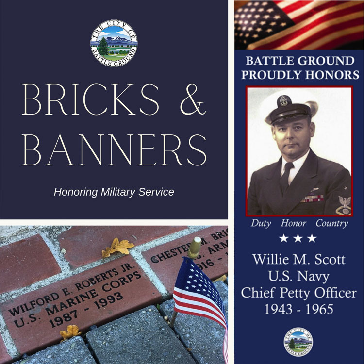 Personalized, commemorative bricks may be purchased for placement at the Battle Ground Veterans Memorial to honor any U.S. veteran.