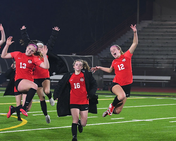 Yet another victory leap for the Camas Papermakers, the 2021 Class 4A girls soccer state champions. Photo courtesy Kris Cavin