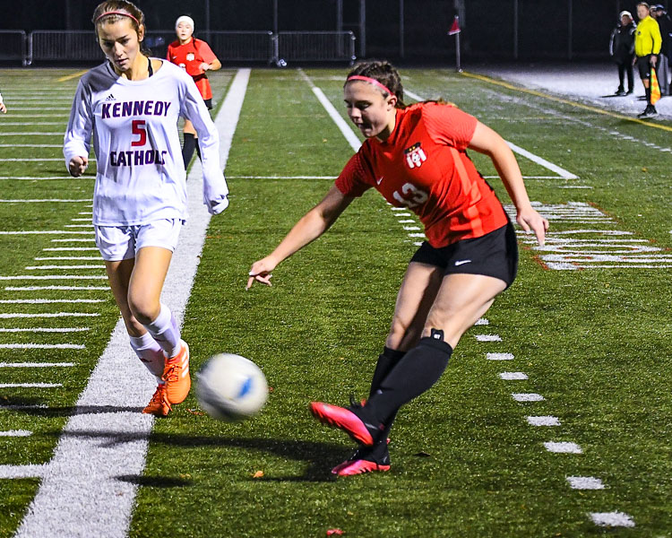 Bella Burns’ cross led to a Camas goal Wednesday in a 2-0 win over Kennedy Catholic. The Papermakers advanced to the Class 4A state quarterfinals. Photo courtesy Kris Cavin