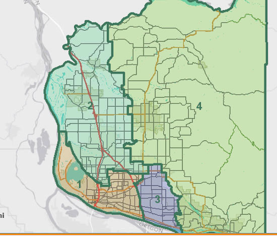 Currently, Clark County is divided into four districts shown here. The chair of the council is elected in a countywide vote. That will change due to the passage of Charter Amendment 3, where a 5th district was created. The chair will be chosen by the members of the council. Graphic by John Ley from Clark County