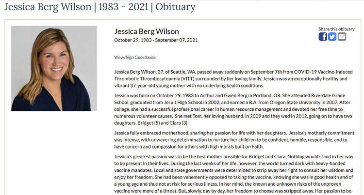 Jessica Berg Wilson died 36 days after getting her Johnson & Johnson vaccination for COVID-19. She was a healthy 37-year-old mother who got the mandatory vaccination in order to participate in her child’s school as a room mom. Graphic/obituary courtesy Harvey Family Funeral Home
