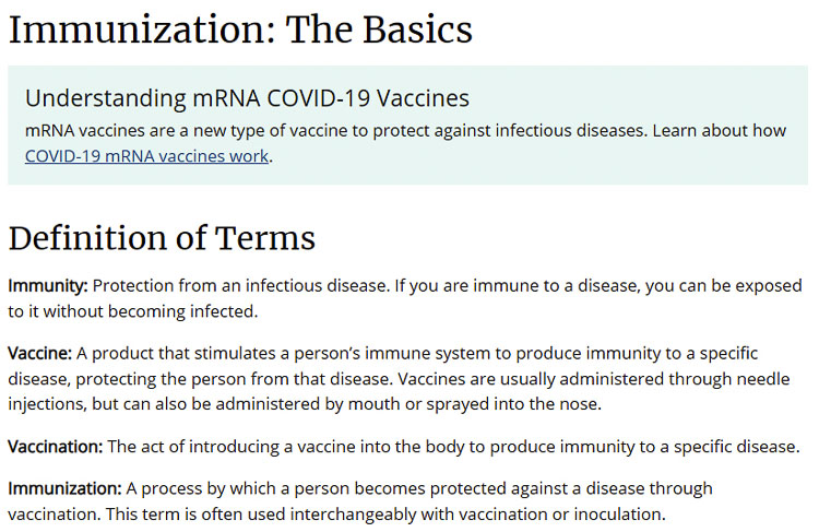 An older version of the CDC definition of a vaccine and immunity included the words “produce immunity” and “protected against a disease.” After the COVID-19 pandemic and the new vaccines were developed, the CDC changed their definition. Graphic from CDC website