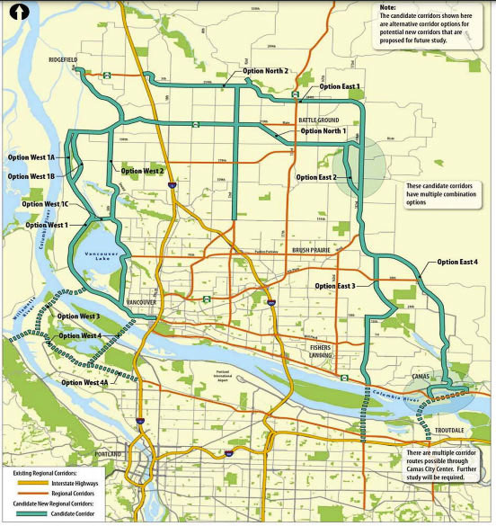 The 2008 RTC “Visioning Study” identified the need for multiple new transportation corridors around Clark County when population hit one million people. We’re at half a million today. The County Council passed a resolution using RTC information to begin planning for third and fourth transportation corridors across the Columbia River. Graphic courtesy Southwest Washington Regional Transportation Council