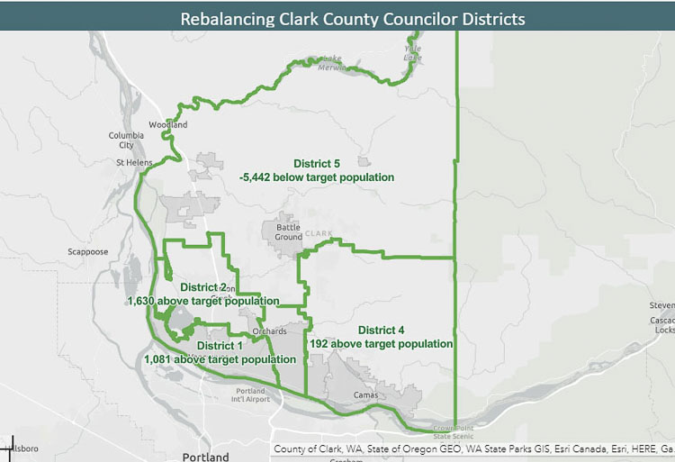 The five new County Council districts, as drawn by the Charter Review Commission are shown here. With the numbers from the 2020 census, District 5 has 5,442 fewer people than the target. A five-member redistricting committee will seek to rebalance the districts and offer a recommendation to the County Council for ratification. Graphic by John Ley from Clark County Redistricting Committee website