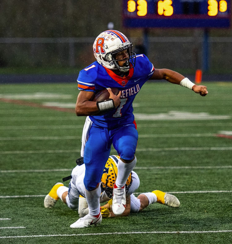 Ridgefield’s Isaiah Cowley found success as a receiver, a running back, and defensive back Saturday in a win over Aberdeen. Photo courtesy Tyler Mode