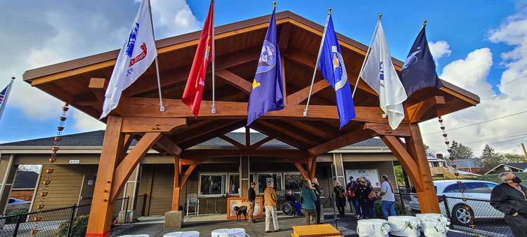 The flags of the United States military fly outside the new pavilion outside of the VFW building. Photo by Paul Valencia