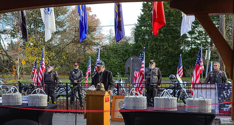 Retired Judge Darvin J. Zimmerman, who founded the Clark County Veterans Board, got emotional at times, thanking all who gave in order for the new pavilion to be built. Photo by Paul Valencia