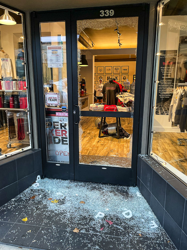 Four Camas businesses and a Washougal business were broken into in the early morning hours of Halloween. Merchandise and cash were taken from the businesses. Here are broken glass and smashed front doors at Papermaker Pride and Caps N’ Taps. Photo courtesy business employee