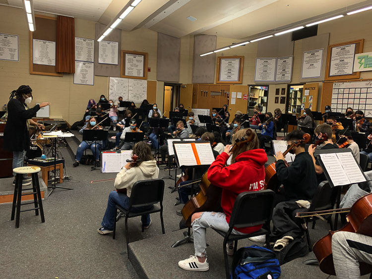 Mountain View students rehearse in a classroom recently, preparing for Monday’s Jolly Jamboree. This is just a fraction of the number of musicians who will be performing at the concert. Photo courtesy Mark Claassen