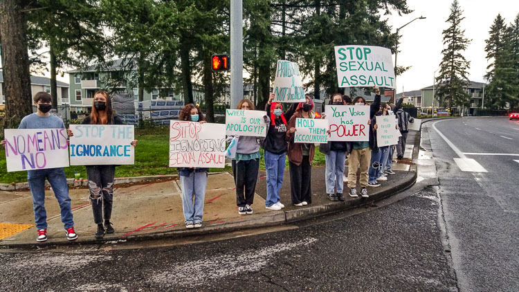 Evergreen students held a protest rally outside school district headquarters Wednesday afternoon. “They failed to protect us” was their rally cry, as roughly 30 students and parents participated. Photo by John Ley