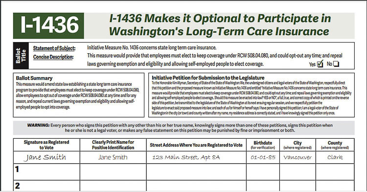 The Yes on I-1436 campaign continues collecting signatures for its initiative petition. It would give workers a choice, requiring them to “opt in” instead of automatically being enrolled in the state’s long-term care care insurance program. Graphic courtesy Yes on I-1436 campaign