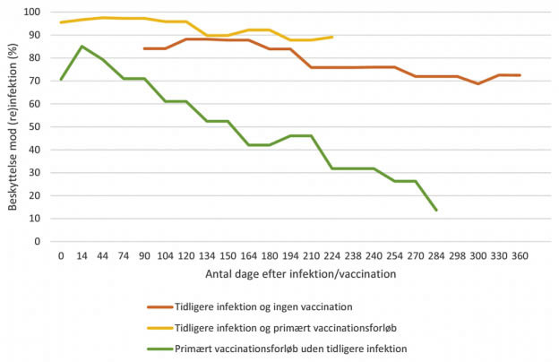 The orange line corresponds to people who’ve been previously infected but not vaccinated; the yellow line to those who’ve been previously infected and vaccinated; and the green line to those who’ve been vaccinated but not previously infected.