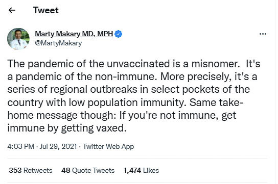 Johns Hopkins Dr. Marty Makary says this is a pandemic of the non-immune. A new Johns Hopkins study shows natural immunity following recovery from COVID sickness is stronger and lasts longer than vaccine immunity. Tweet by Marty Makary
