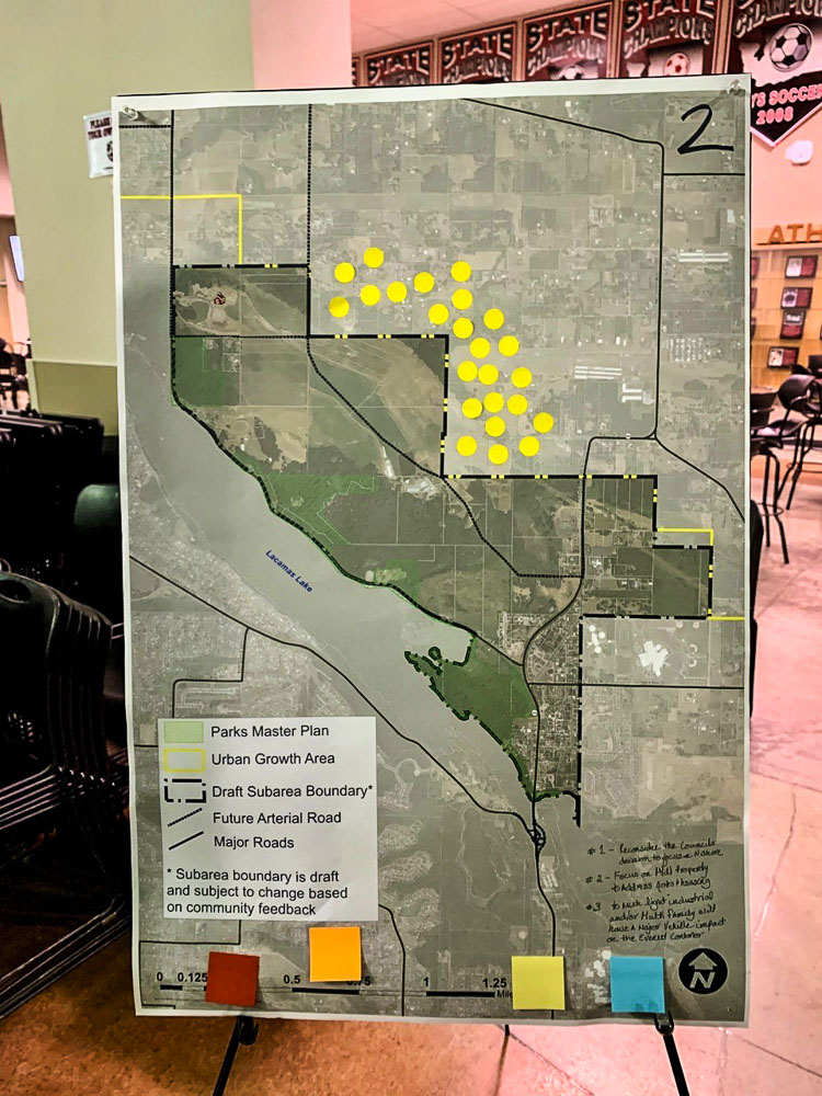 At the end of a February 2020 town hall at Camas High School, one of about 18 groups chose to be “Rebels with a cause.” They didn’t play by the rules, refusing to place development in the North Shore subarea. All citizen participants were allowed to vote at the end of the exercise and the “rebels” map received the largest support. Photo courtesy Randal Friedman