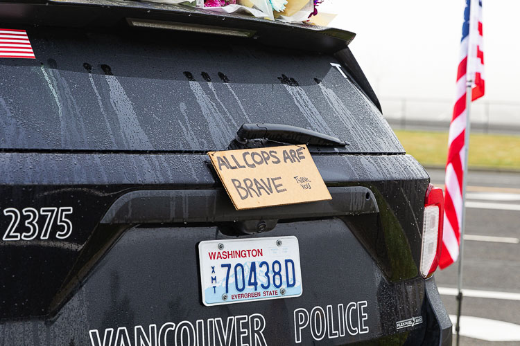 A message was placed on a Vancouver Police Department vehicle Tuesday and could be seen at the Memorial Service for Officer Donald Sahota. Photo by Mike Schultz