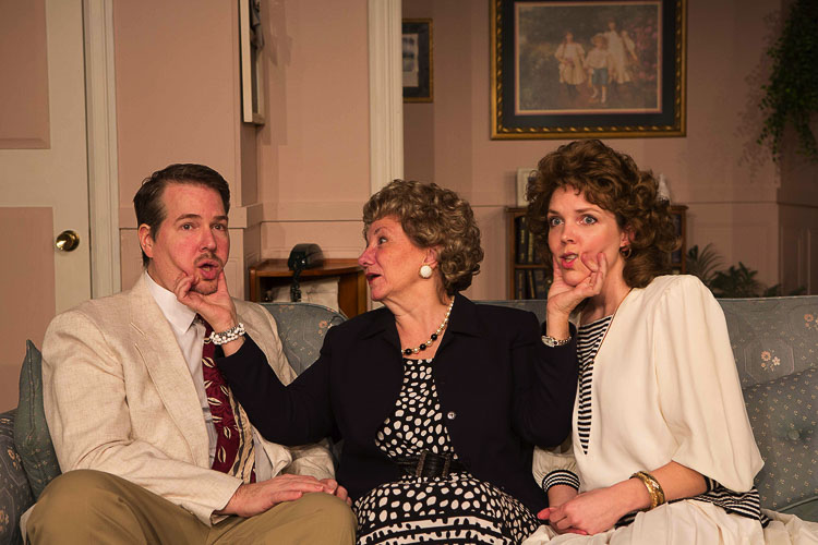 Miriam (center, played by Sharon Mann) sits Bob (left, played by Adam Pithan) and Sarah (right, played by Kilee Rheinsburg) down to discuss wedding plans in the comedy Beau Jest coming this March 11-27 at Love Street Playhouse in Woodland. Tickets available at www.lovestreetplayhouse.com. Photo by John Zhang