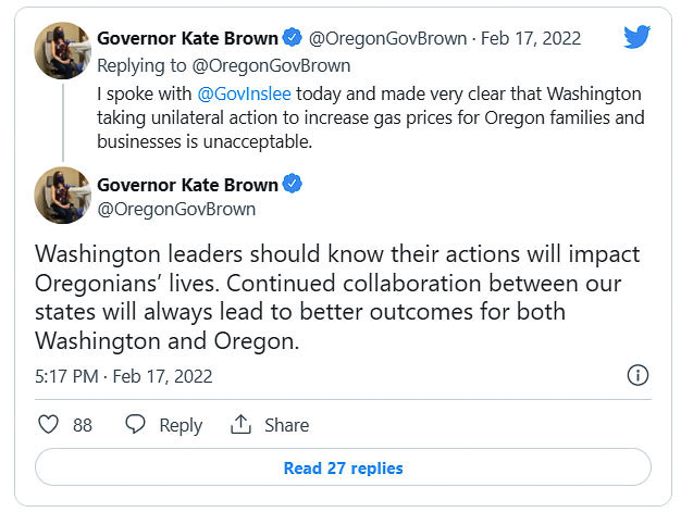 Oregon Gov. Kate Brown tweeted about her conversation with Washington Gov. Jay Inslee. She expressed her disappointment with Washington’s proposed fuel export tax, saying it was “unacceptable” to Oregon.