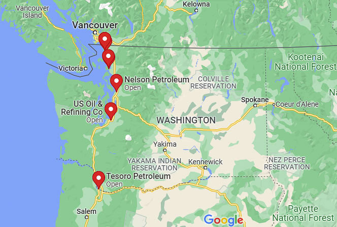 Washington has five refineries in the state, Oregon, Idaho, and Alaska are objecting to the legislature proposing a 6 cent fuel export tax. All three states are considering retaliation if this part of the transportation package is signed into law. Graphic by Google maps