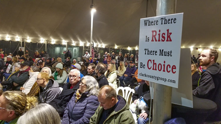 Over 200 citizens gathered in an outdoor tent next to a Battle Ground church on Tuesday evening. They supported choice regarding vaccinations. They were opposed to discriminatory mandates that have been imposed during the pandemic. Photo by John Ley