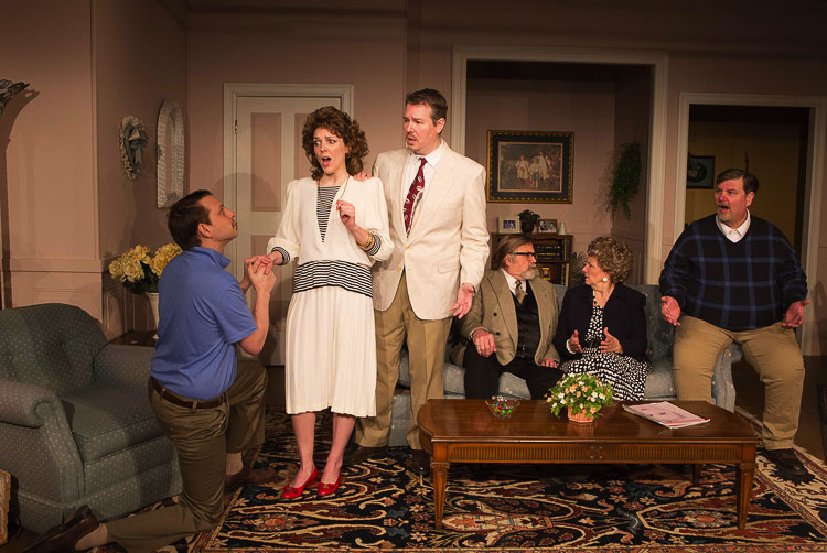 Confusion and chaos ensue when Sarah receives two proposals in the comedy Beau Jest at Love Street Playhouse in Woodland this March. From left, Evan Adent as Chris, Kilee Rheinsburg as Sarah, Adam Pithan as Bob, Larry E Fox as Abe, Sharon Mann as Miriam and Wayne Yancey as Joel. Photo by John Zhang