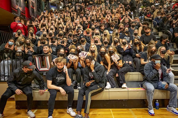 Dressed in black, the Union student section showed up early for the girls game and then got real loud for the boys game Tuesday night. Photo courtesy Heather Tianen