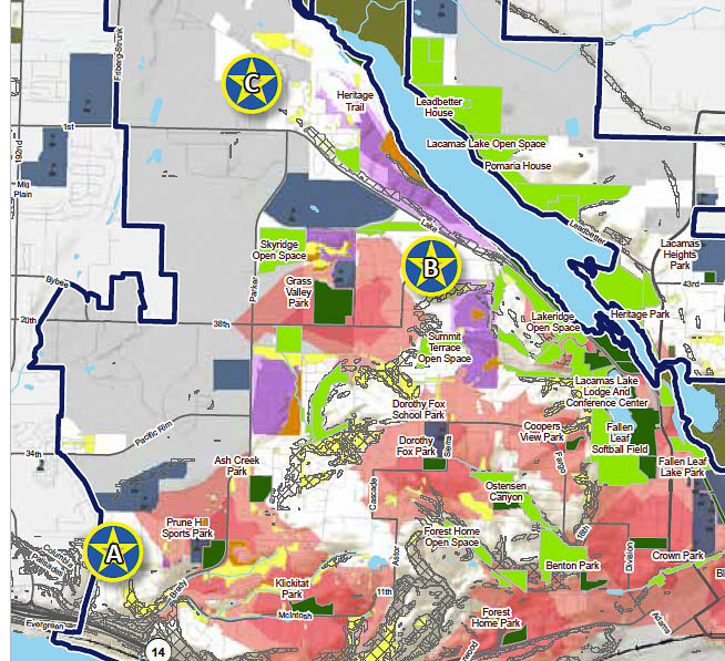 All the colored areas on the map show neighborhoods with reasonable access to parks and recreation facilities. Green areas (light and dark) are parks and open spaces. City officials are considering three areas for major new acquisitions, labeled A, B, and C.