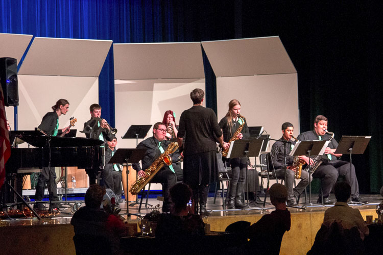 Bryana Steck, WHS band teacher, conducts the Jazz Band in their performance at Taste of Jazz. Photo courtesy Woodland School District