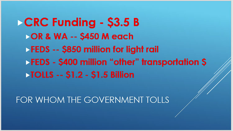 The current Interstate Bridge Replacement program estimates “if” the CRC were built today, it would cost between $3.2 billion to $4.8 billion. In the CRC, Oregon and Washington were each expected to contribute $450 million, the federal government to pay $850 million for light rail, and to borrow the balance, paid back by tolling. Graphic by John Ley