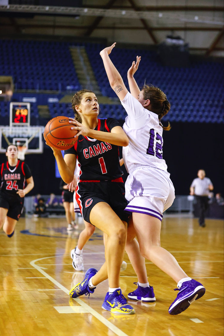 Camas’ Reagan Jamison continued her strong postseason performance, scoring 25 points to go with nine rebounds in the Class 4A state quarterfinals. Sumner beat Camas 66-57 in overtime at the Tacoma Dome. Photo by Heather Tianen
