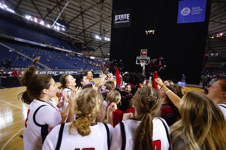 The Camas Papermakers are one of a handful of teams in Washington that get to say they won their last game of the season. Camas won the fourth-place game in the Class 4A girls basketball state tournament at the Tacoma Dome. Photo by Heather Tianen