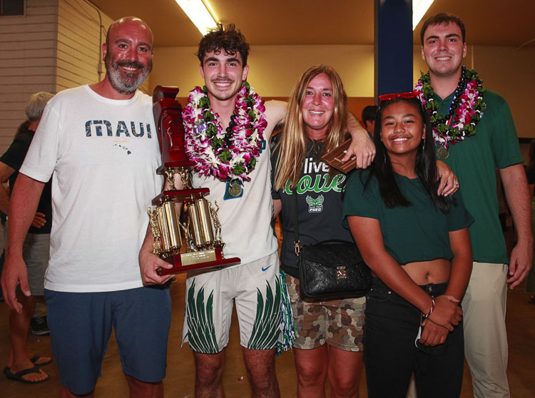 Drew Triplett holds the Hawaii state championship trophy and poses with his family: His dad Steve, his mom Elizabeth, his sister Elise, and his brother Mason. Drew was a Camas Papermaker his freshman and junior years of basketball, and recently led Maui Prep to the Division II state crown in Hawaii. Photo courtesy Ray Chin