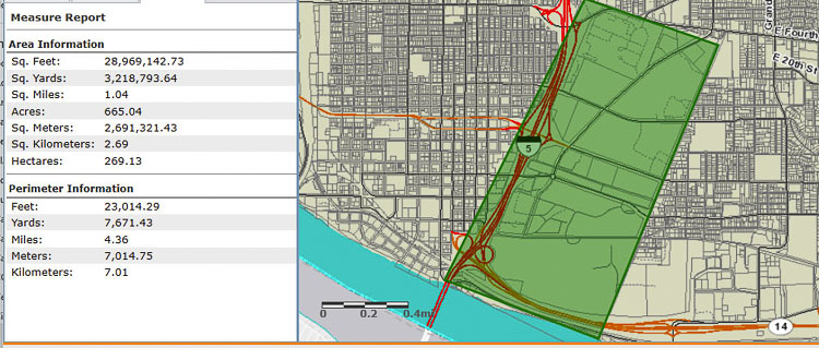 Presently there is roughly one square mile of land to the east of I-5 that is not densely developed. Much of it appears to be owned by either Fort Vancouver or Clark College. This land could be potentially accessed by the IBR team to add vehicle capacity north of the bridge. Graphic by John Ley with Clark County GIS tool